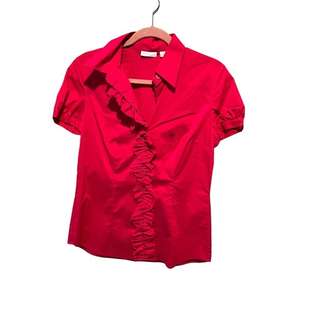 NY‎ & Company Blouse Top Women Size M Red Short Sleeve Ruffle Front Cotton Blend